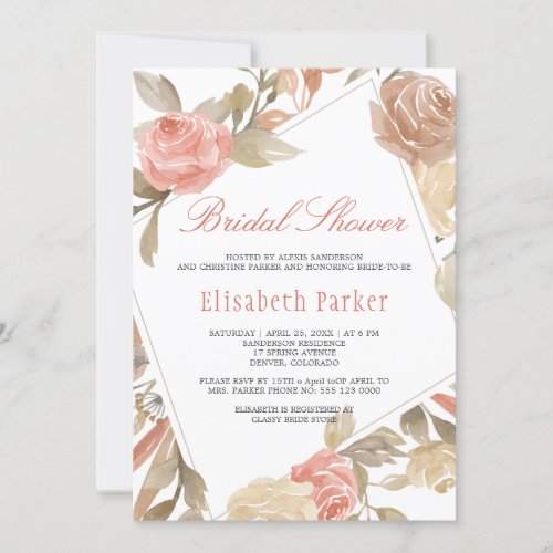 Dusty Rose Peach Cream Floral Bridal Shower Invitation