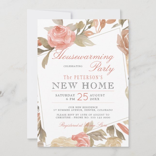 Dusty Rose Peach Cream Floral Housewarming Party Invitation (Front)