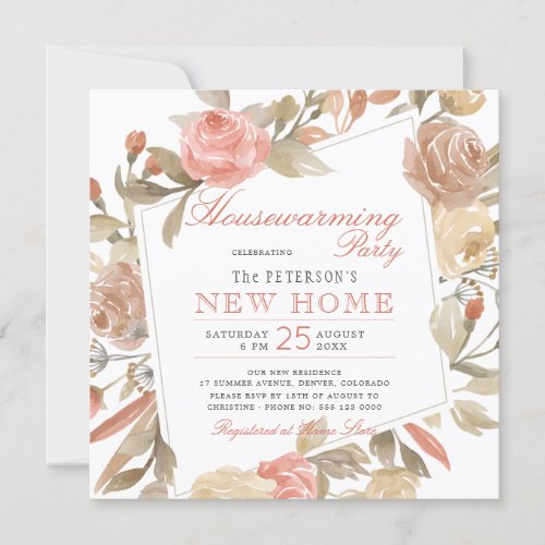 Dusty Rose Peach Cream Floral Housewarming Party Invitation