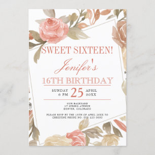 Dusty Rose Peach Cream Floral Sweet Sixteen Invitation