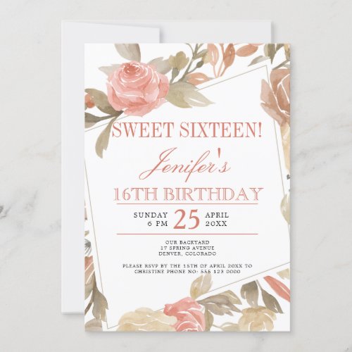 Dusty Rose Peach Cream Floral Sweet Sixteen Invitation