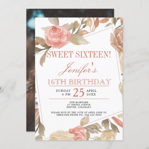 Dusty Rose Peach Cream Floral Sweet Sixteen PHOTO Invitation