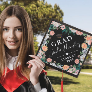 Dusty Rose Peach Floral Class of 2024 Graduate G Graduation Cap Topper