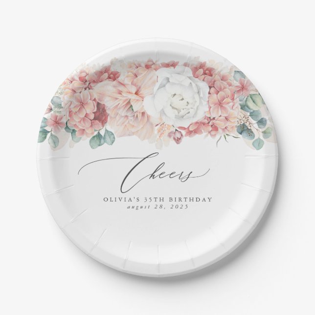 Dusty Rose Peach Floral Elegant Botanical Paper Plates (Front)