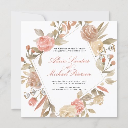 Dusty Rose Peachy Cream Watercolor Floral Wedding Invitation
