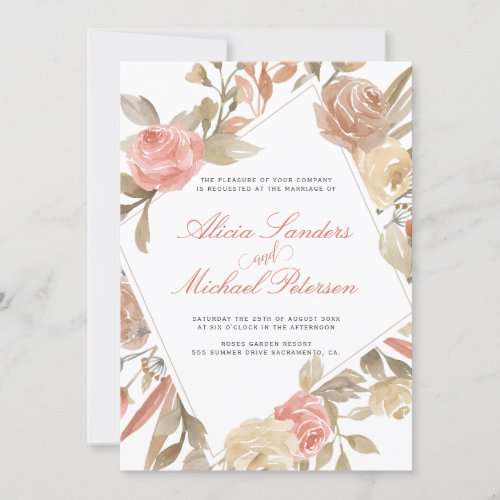 Dusty Rose Peachy Cream Watercolor Floral Wedding Invitation