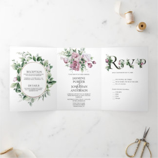 Dusty Rose Peonies Greenery Wedding |  Tri-Fold Invitation