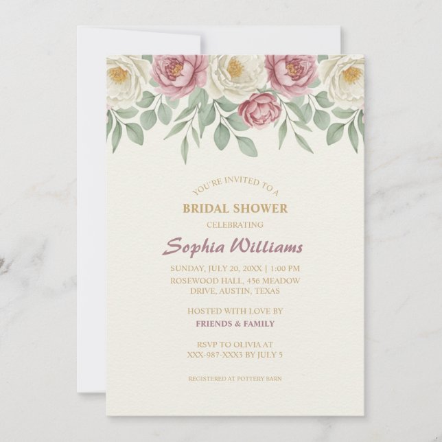 Dusty Rose Peony Bridal Shower Invitation Card (Front)