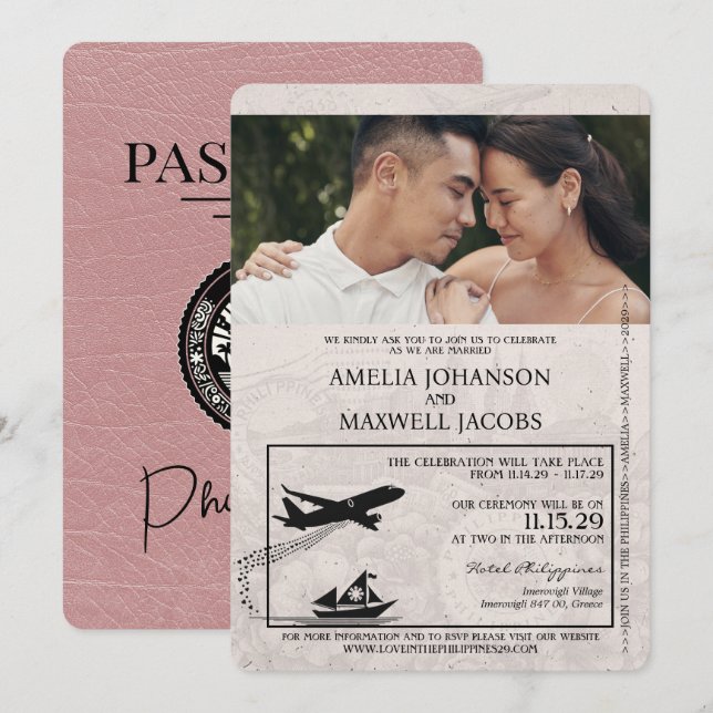 Dusty Rose Philippines Passport Wedding Invitation (Front/Back)