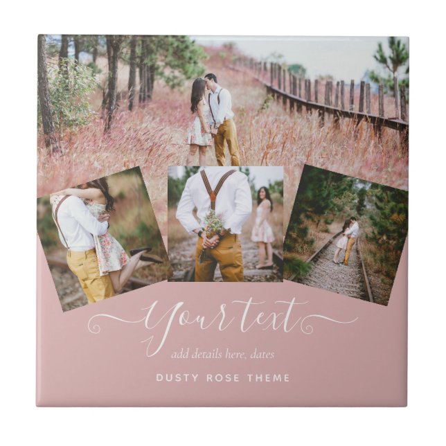 Dusty Rose PHOTO COLLAGE Custom WEDDING GIFT Ceramic Tile (Front)