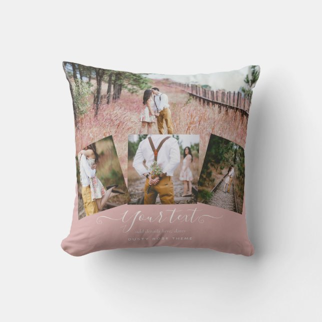 Dusty Rose PHOTO COLLAGE Custom WEDDING GIFT Throw Pillow (Front)