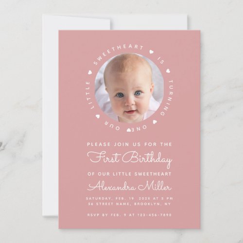 Dusty Rose Photo Girl Birthday Little Sweetheart  Invitation