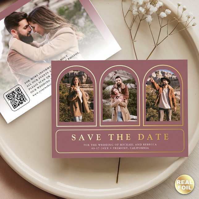 Dusty Rose Photo QR Code Wedding Save the Date Foil Invitation (Creator Uploaded)