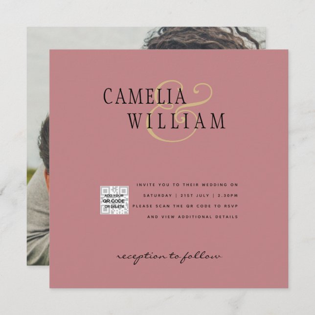 Dusty ROSE Photo Wedding Invite QR Code Save Date (Front/Back)