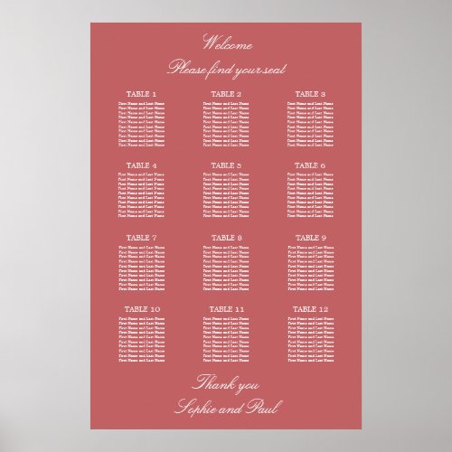 Dusty Rose Pink 12 Table Seating Chart Poster
