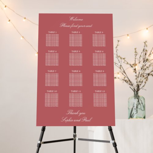 Dusty Rose Pink 12 Table Wedding Seating Chart Foam Board