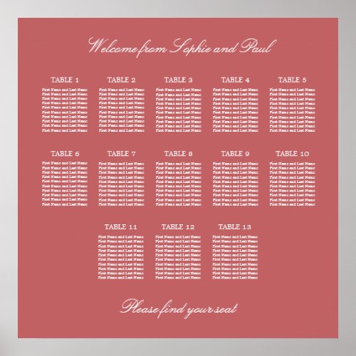 Dusty Rose Pink 13 Table Seating Chart Poster