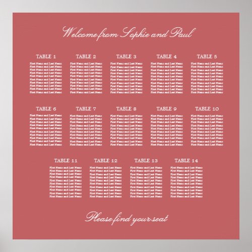 Dusty Rose Pink 14 Table Seating Chart Poster