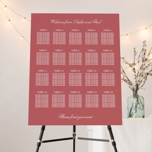 Dusty Rose Pink 20 Table Wedding Seating Chart Foam Board