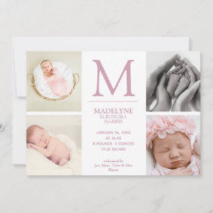 Dusty Rose Pink 4 Photo Collage Newborn Girl Birth Announcement