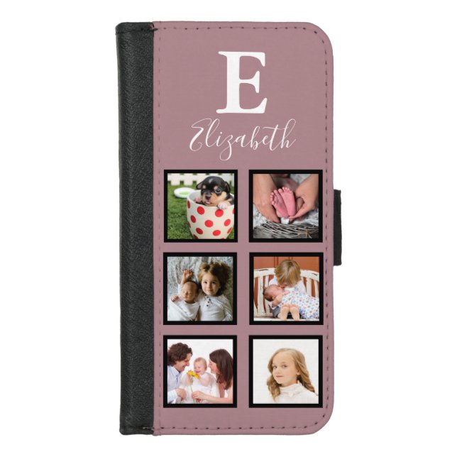 Dusty Rose Pink 6 Photos & Name iPhone Wallet Case (Front)