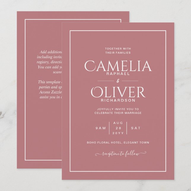 Dusty Rose Pink all-in-1 Wedding with RSVP Invitation (Front/Back)