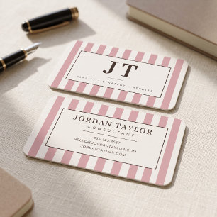 Dusty Rose Pink and Brown Striped Monogram Business Card