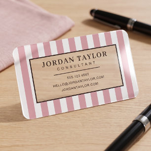 Dusty Rose Pink and Brown Striped Monogram Clear Business Cards