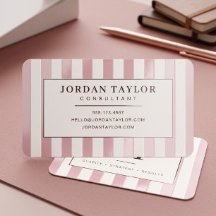 Dusty Rose Pink and Brown Striped Monogram Raised Spot UV Business Card
