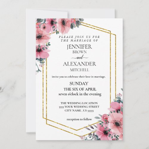 Dusty Rose Pink and Floral Greenery Wedding chic Invitation