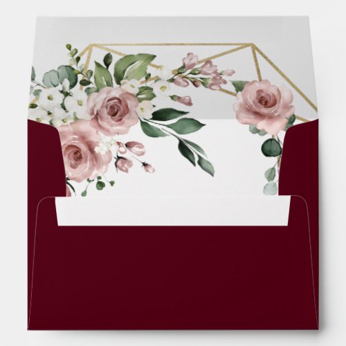 Dusty Rose Pink and Gold Floral Burgundy Wedding Envelope