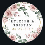 Dusty Rose Pink and Gold Floral Greenery Wedding Classic Round Sticker<br><div class="desc">Design features an elegant geometric gold colored (printed) frame decorated with watercolor roses in shades of dusty rose pink,  mauve and similar shades with white floral elements over various types of greenery branches and leaves.   View the collection on this page to find matching products from this suite.</div>