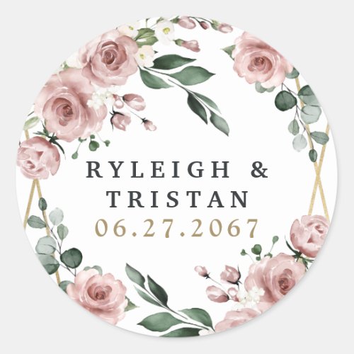 Dusty Rose Pink and Gold Floral Greenery Wedding Classic Round Sticker
