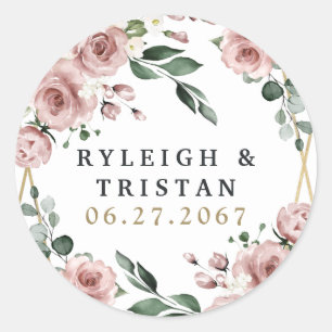 Dusty Rose Pink and Gold Floral Greenery Wedding Classic Round Sticker