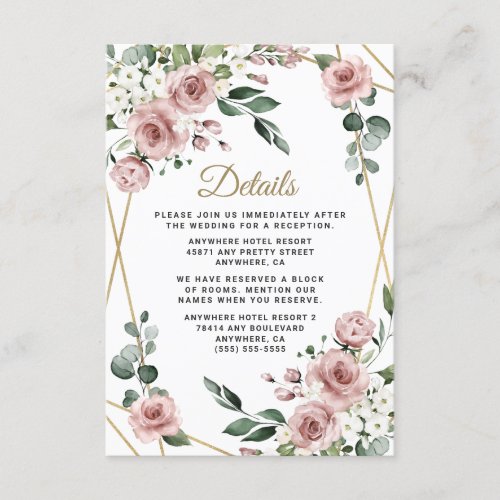 Dusty Rose Pink and Gold Floral Greenery Wedding Enclosure Card
