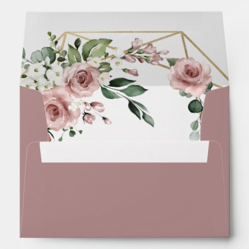 Dusty Rose Pink and Gold Floral Greenery Wedding Envelope