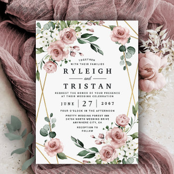 Dusty Rose Pink And Gold Floral Greenery Wedding Invitation by RusticWeddings at Zazzle