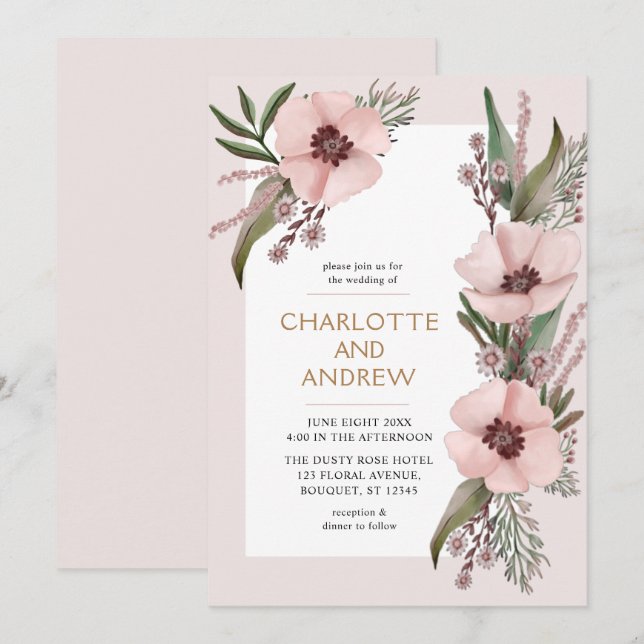 Dusty Rose Pink And Gold Floral Greenery Wedding Invitation (Front/Back)