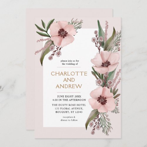 Dusty Rose Pink And Gold Floral Greenery Wedding Invitation