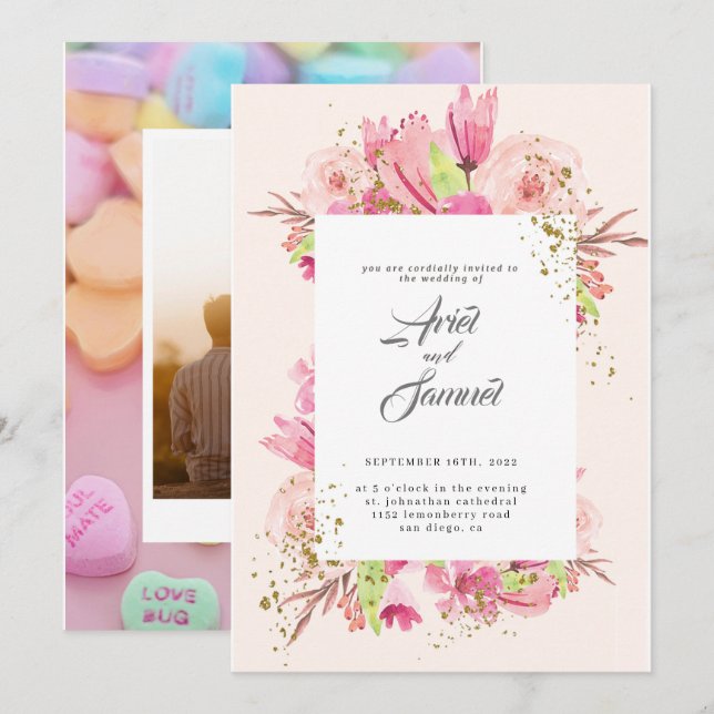 Dusty Rose Pink and Gold Floral Greenery Wedding  Invitation (Front/Back)