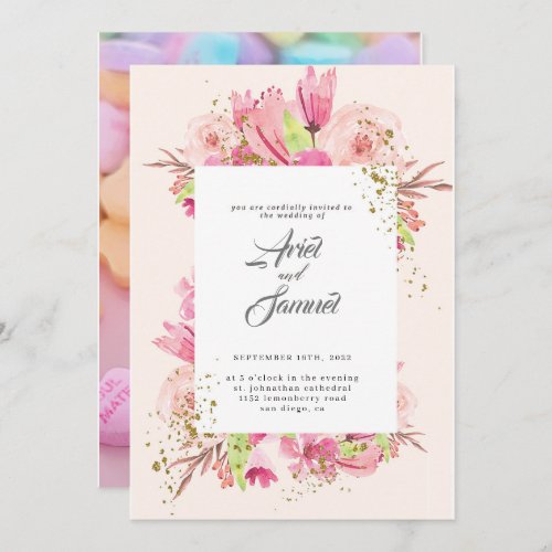 Dusty Rose Pink and Gold Floral Greenery Wedding  Invitation