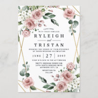 Dusty Rose Pink and Gold Floral Greenery Wedding Invitation