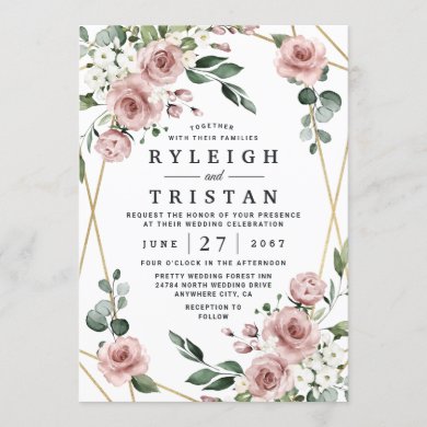 Dusty Rose Pink and Gold Floral Greenery Wedding Invitation