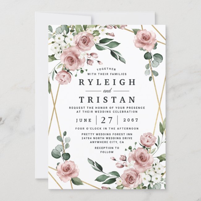 Dusty Rose Pink and Gold Floral Greenery Wedding Invitation