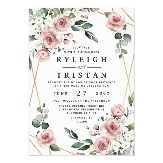 Dusty Rose Pink and Gold Floral Greenery Wedding Invitation