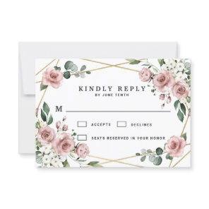 Dusty Rose Pink and Gold Floral Greenery Wedding RSVP Card