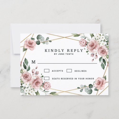 Dusty Rose Pink and Gold Floral Greenery Wedding RSVP Card