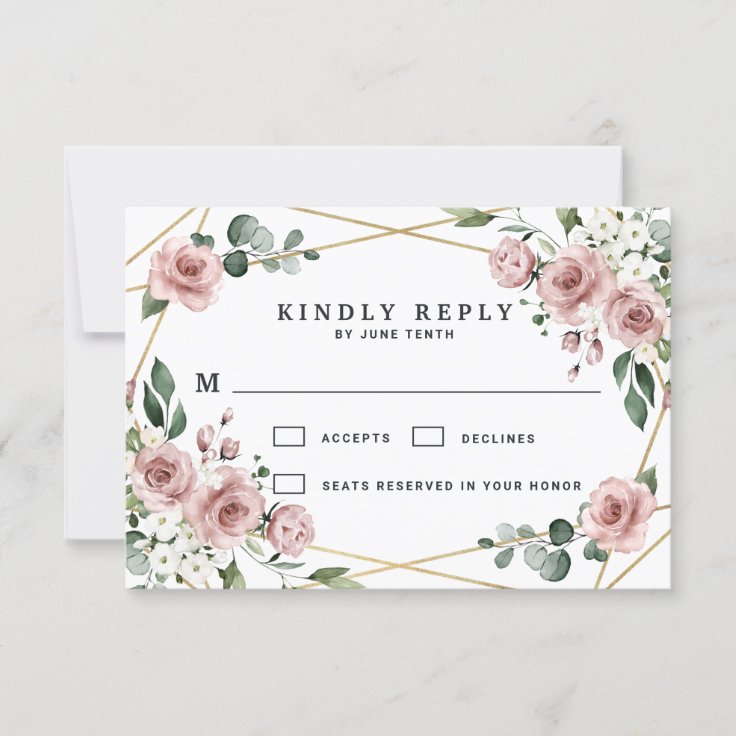 Dusty Rose Pink and Gold Floral Greenery Wedding RSVP Card | Zazzle
