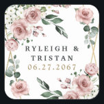Dusty Rose Pink and Gold Floral Greenery Wedding Square Sticker<br><div class="desc">Design features an elegant geometric gold colored (printed) frame decorated with watercolor roses in shades of dusty rose pink,  mauve and similar shades with white floral elements over various types of greenery branches and leaves.   View the collection on this page to find matching products from this suite.</div>