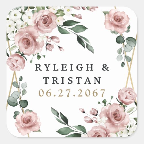 Dusty Rose Pink and Gold Floral Greenery Wedding Square Sticker